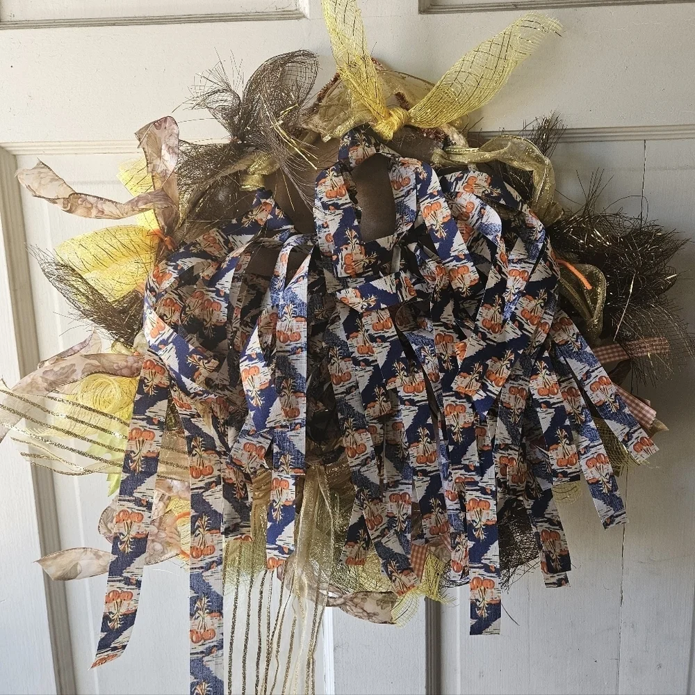Hand Crafted handmade holiday wreath Harvest Blessings Gnome fabric plaid ribbon
